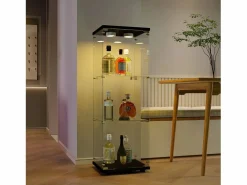 Vitrina de cristal de pie, 125 cm, con iluminación LED, cerradura, 1 puerta, 3 estantes, transparente, color Negro New