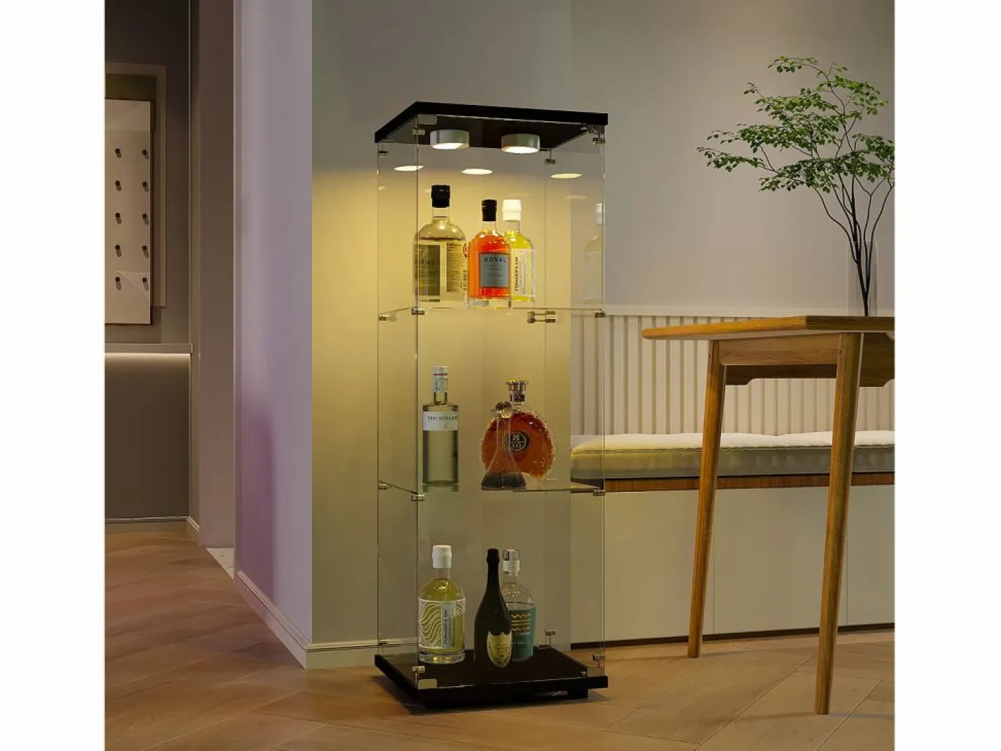 Vitrina de cristal de pie, 125 cm, con iluminación LED, cerradura, 1 puerta, 3 estantes, transparente, color Negro New