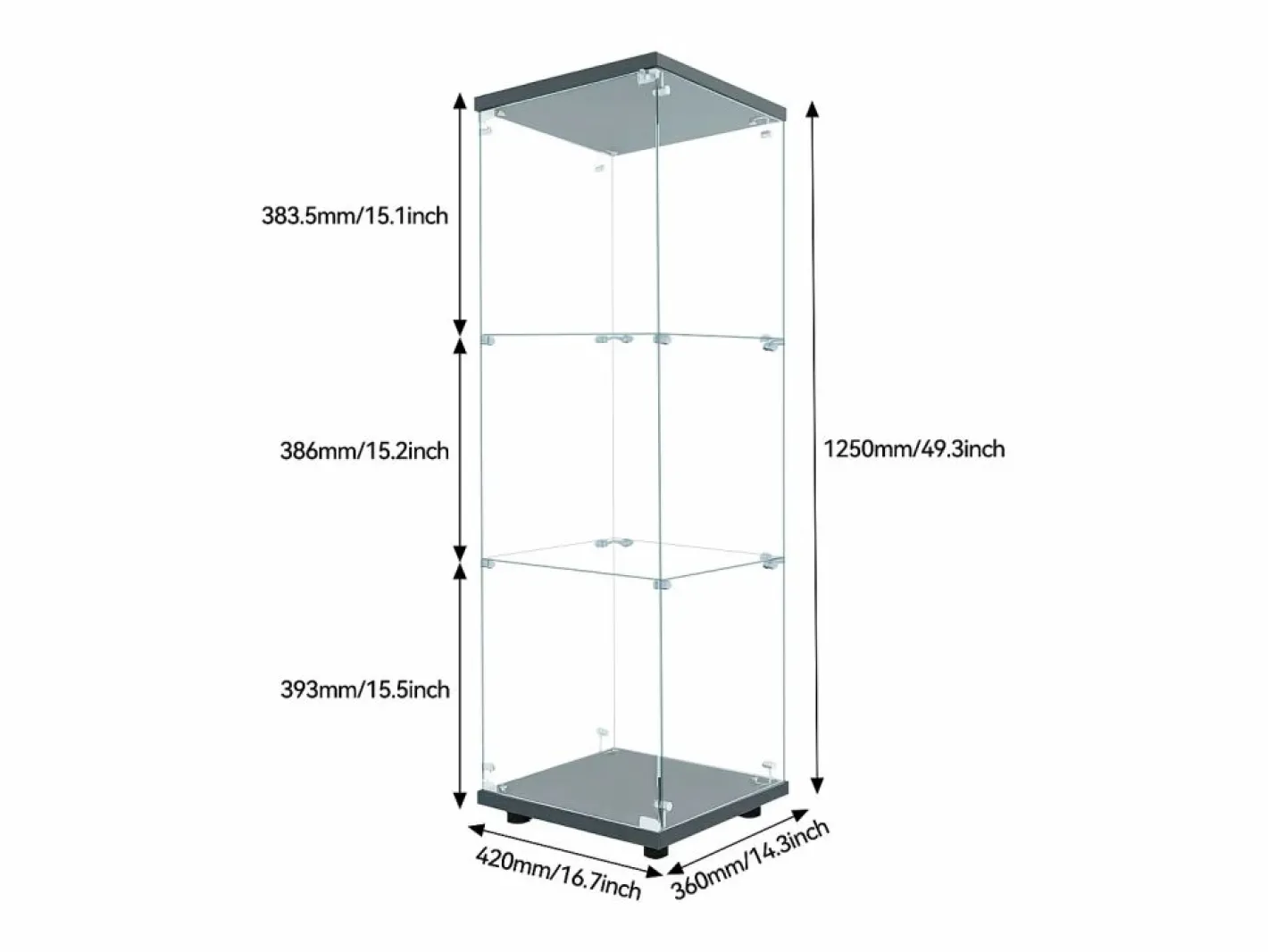 Vitrina de cristal de pie, 125 cm, con iluminación LED, cerradura, 1 puerta, 3 estantes, transparente, color Negro New