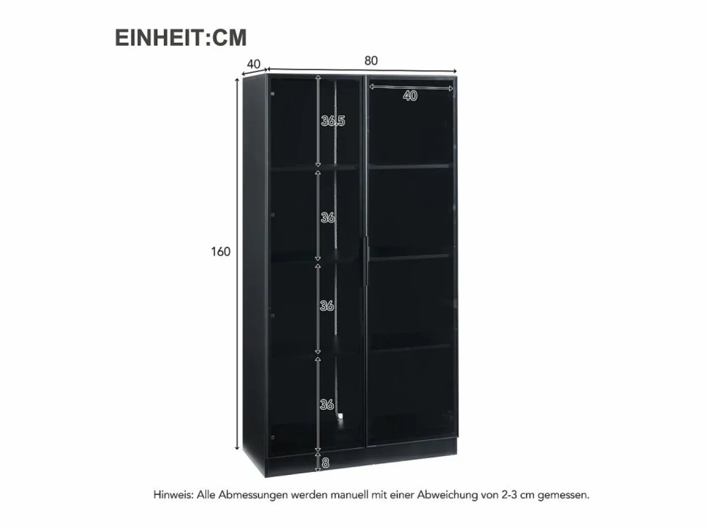 Vitrina de vidrio 160x40x160 cm - con LEDs - almacenamiento de 4 puertas con estantes móviles - aglomerado -^ModernLuxe Best