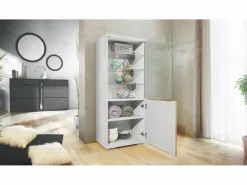 Vitrina|Vitrina Granada, Armario Vitrina Made in Germany con Puerta de Cristal e Inserto de Cristal, blanco mate/mezclilla mate (50 x 122,5 x 34,5 cm)