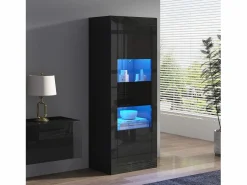 Merax Vitrina lacada con LEDs + 1 estante de cristal + puerta - 61 x 42 x 162 cm - aglomerado - Negro Discount