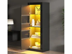 Merax Vitrina lacada con LEDs + 1 estante de cristal + puerta - 61 x 42 x 162 cm - aglomerado - Negro Discount
