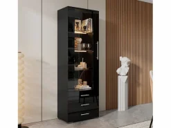 Vitrina|Vitrina lacada en con puertas de cristal, estante LED, 3 cajones, 60x35x180 cm