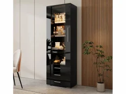 Vitrina|Vitrina lacada en con puertas de cristal, estante LED, 3 cajones, 60x35x180 cm