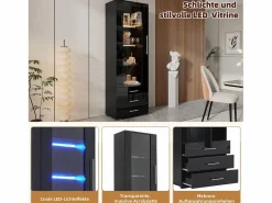 Vitrina|Vitrina lacada en con puertas de cristal, estante LED, 3 cajones, 60x35x180 cm