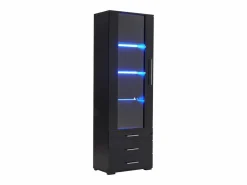 Vitrina|Vitrina lacada en con puertas de cristal, estante LED, 3 cajones, 60x35x180 cm