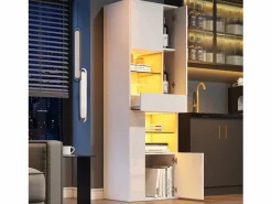 OKWISH Vitrina|Vitrina LED con 1 cajón de almacenamiento, 4 puertas y estantes de cristal - blanca