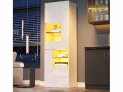 OKWISH Vitrina|Vitrina LED con 1 cajón de almacenamiento, 4 puertas y estantes de cristal - blanca