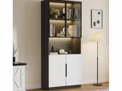 Vitrina LED con 4 puertas y estantes regulables, MDF, y Negro (160x30x200 cm)^ Hot