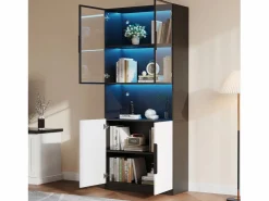 Vitrina LED con 4 puertas y estantes regulables, MDF, y Negro (160x30x200 cm)^ Hot