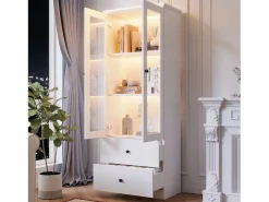 Vitrina LED moderna 60x35x165 cm - con puerto USB - Mando a distancia 16 colores - con 2 cajones - con 2 puertas de cristal -^ModernLuxe Clearance