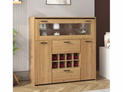 Vitrina moderna con iluminación LED, puertas de cristal, estantes regulables, almacenamiento versátil, MDF, madera + negro (110x38x111 cm)^ Clearance