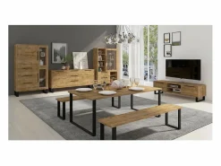 Meublorama Vitrina, mueble para vajilla, aparador MILO. Color roble y acabados en negro. Mueble ideal para su comedor. Marru00f3n Discount
