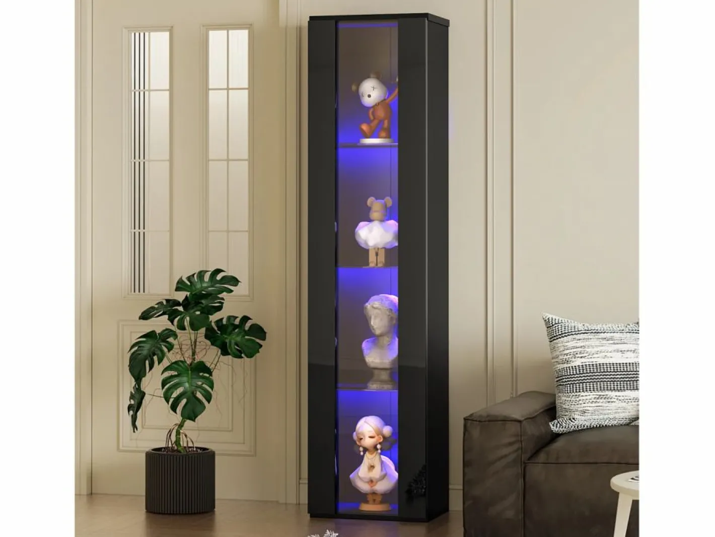 Vitrina multifunción - 40 x 29 x 170 cm - con puerta de cristal + LEDs - PB + Cristal - negra^Merax New