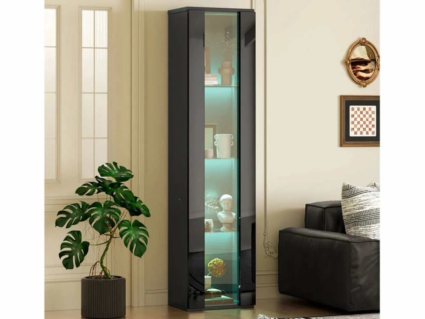Vitrina multifunción - 40 x 29 x 170 cm - con puerta de cristal + LEDs - PB + Cristal - negra^Merax New