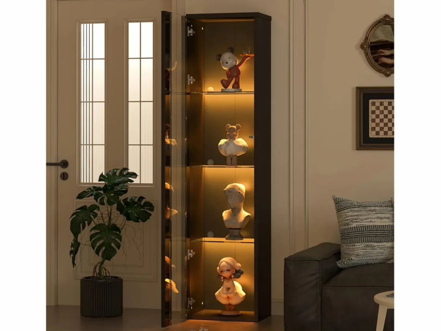 Vitrina multifunción - 40 x 29 x 170 cm - con puerta de cristal + LEDs - PB + Cristal - negra^Merax New