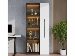 ModernLuxe Vitrina móvil 70x40x160 cm - Estantería - Iluminación LED - 1 puerta de vidrio y 1 cajón - con ruedas - MDF - Negro y blanco Negro / Blanco Clearance