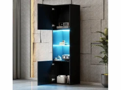 Hauss Spole Vitrina|Vitrina negra de alto brillo con 2 puertas y 1 estante de cristal, LED incluido - 45x35x160cm