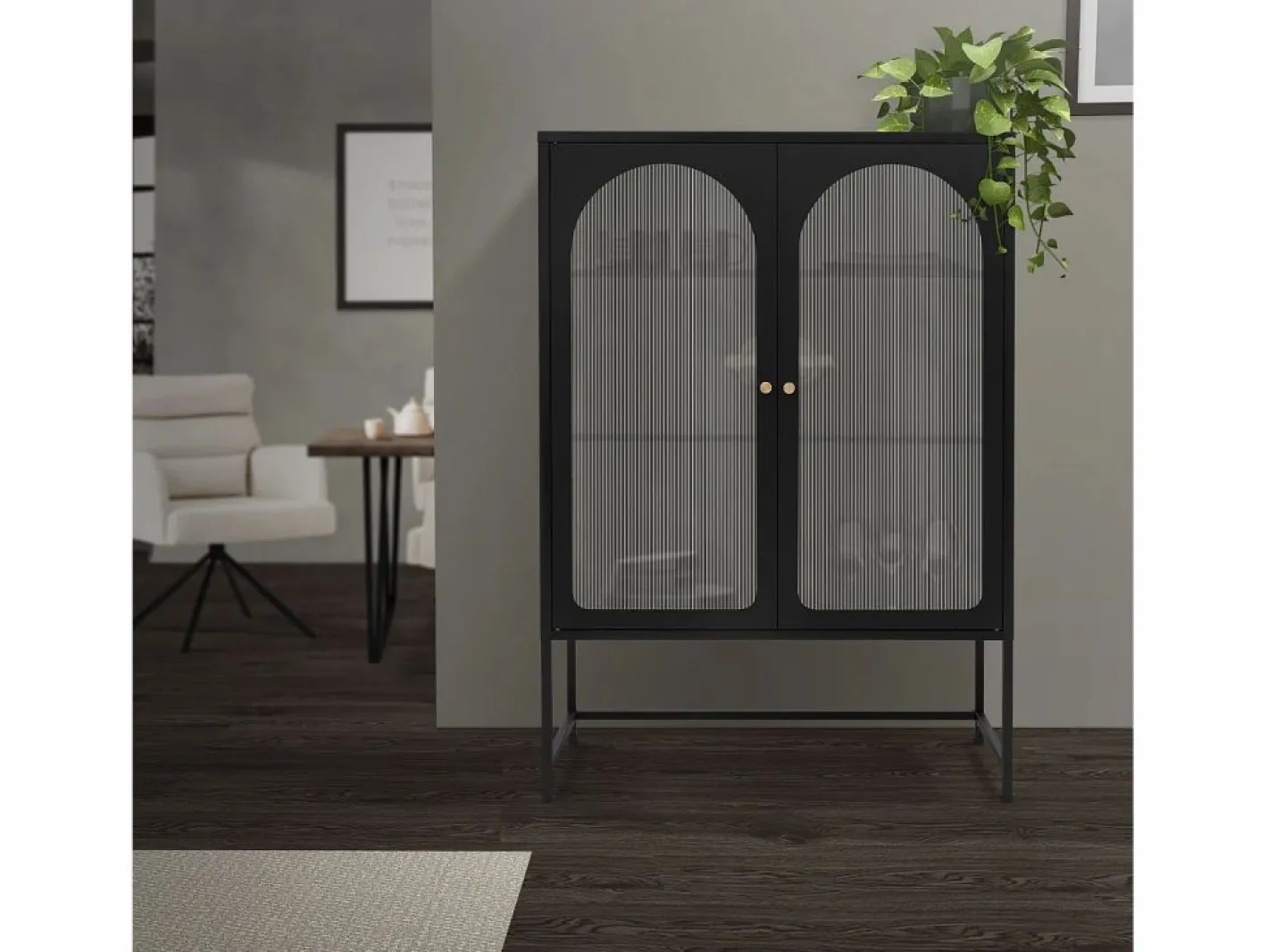 ML-DESIGN Vitrina|Vitrina negra 85x120x40cm con 2 puertas y 3 cajones, mueble metálico archivador