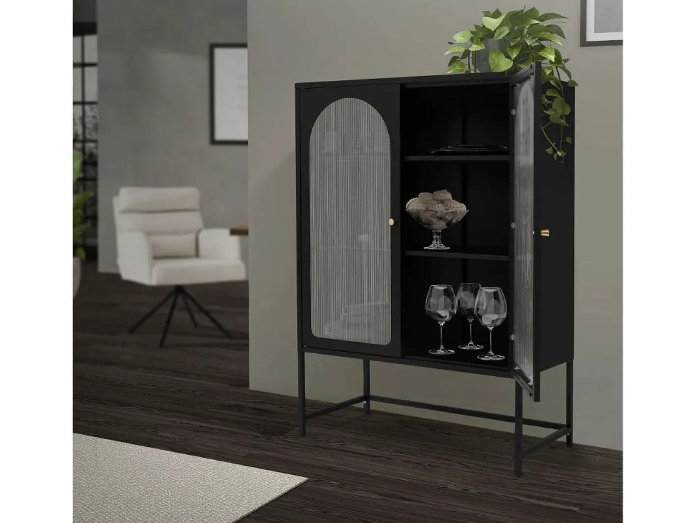ML-DESIGN Vitrina|Vitrina negra 85x120x40cm con 2 puertas y 3 cajones, mueble metálico archivador