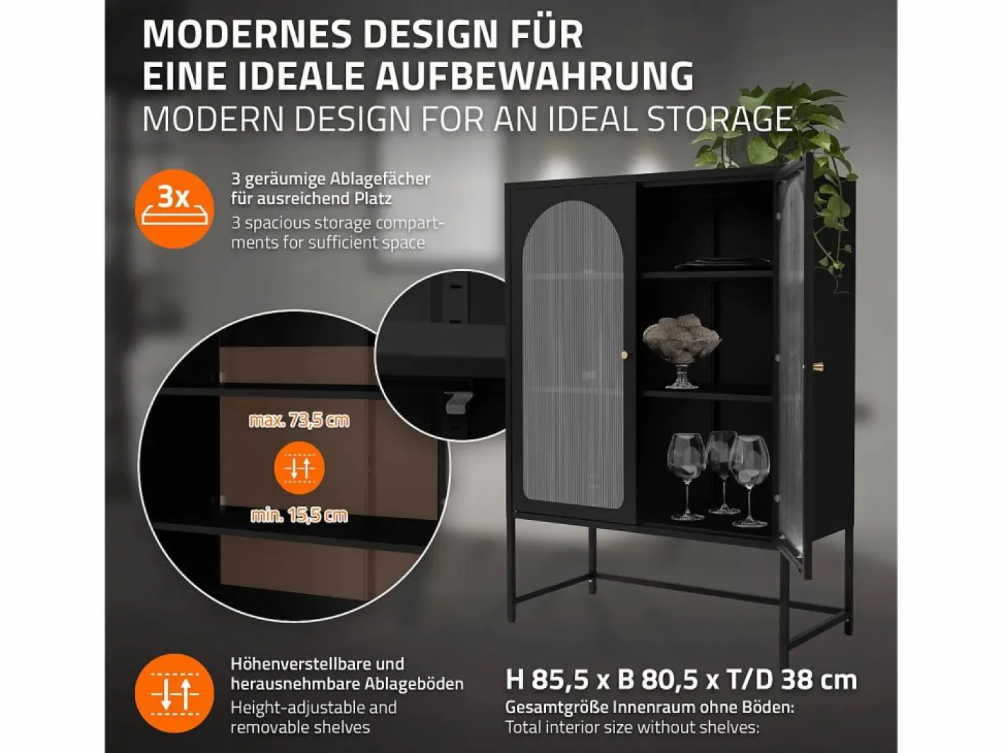 ML-DESIGN Vitrina|Vitrina negra 85x120x40cm con 2 puertas y 3 cajones, mueble metálico archivador