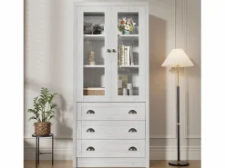 Vitrina 80x34x171 cm - con 2 puertas de vidrio - 3 cajones - gris + natural^ModernLuxe Clearance
