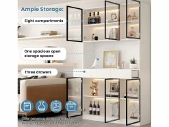 ModernLuxe Vitrina 120x36x200 cm con LED - 6 puertas de cristal y 3 cajones - Blanco