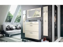 Vladon Mueble recibidor Malea, Mueble de entrada compuesto por 1 Zapatero colgante, 1 Espejo de pared y 2 Percheros, Blanco mate/ de alto brillo Crema Sale