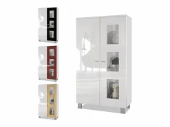Vladon Vitrina Denjo, Cristalera con 2 Puertas y 3 Estantes de cristal, Blanco mate/Blanco de alto brillo/Roble natural (71 x 129 x 35 cm)^ Sale