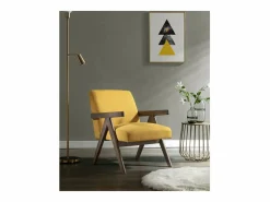 WARREN-Sillón de tela mostaza y madera gris teñida de nogal^Moloo New