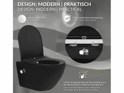 LuxeBath Inodoro Suspendido|WC cerámico suspendido nanorecubrimiento función bidé largo 53,5cm