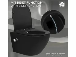 LuxeBath WC cerámico suspendido con función bidé y tornado largo 53,5 cm softclose Negro New