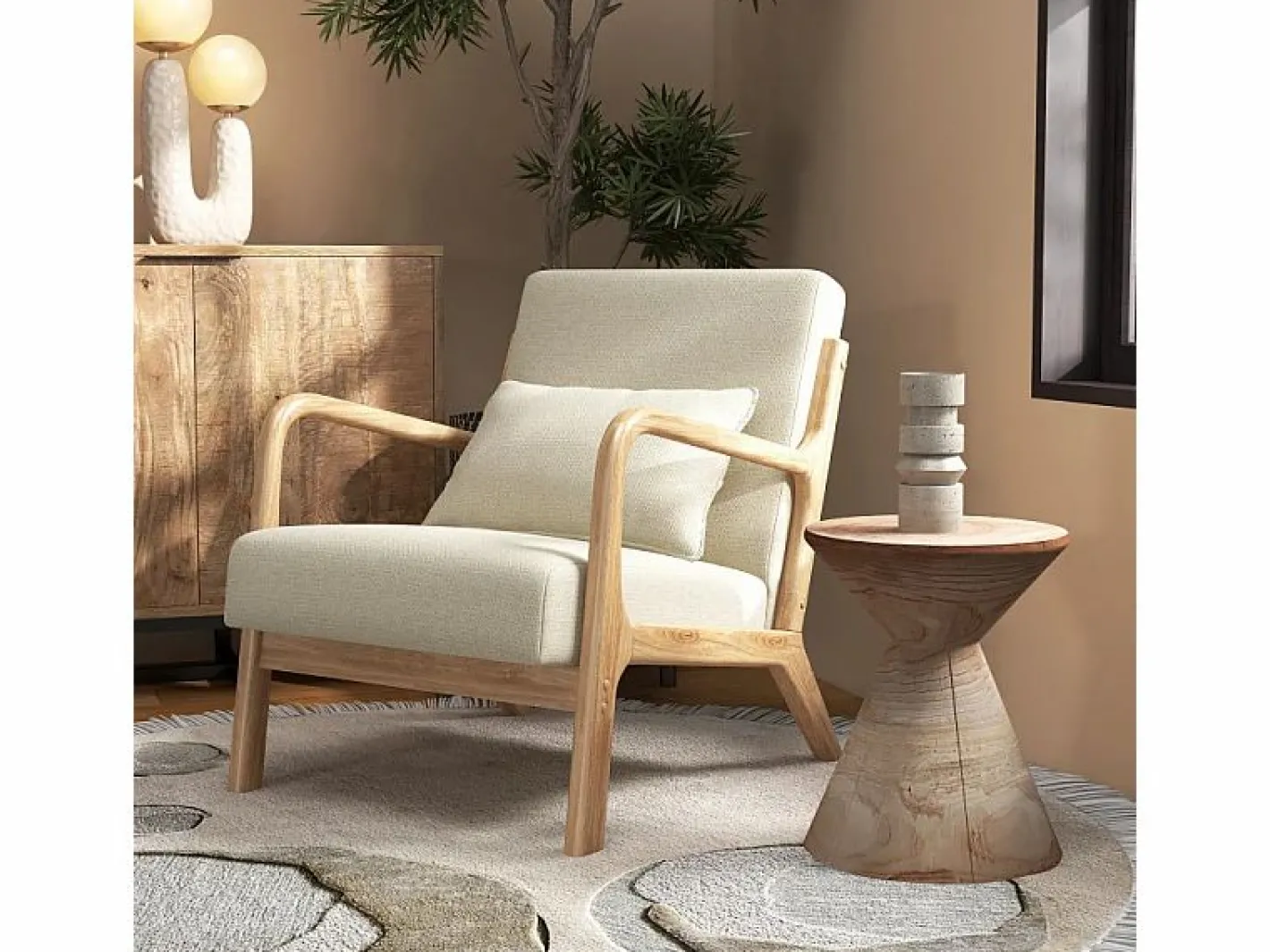 Moloo ZACK-Sillón en tejido Ecru y madera natural Beige New
