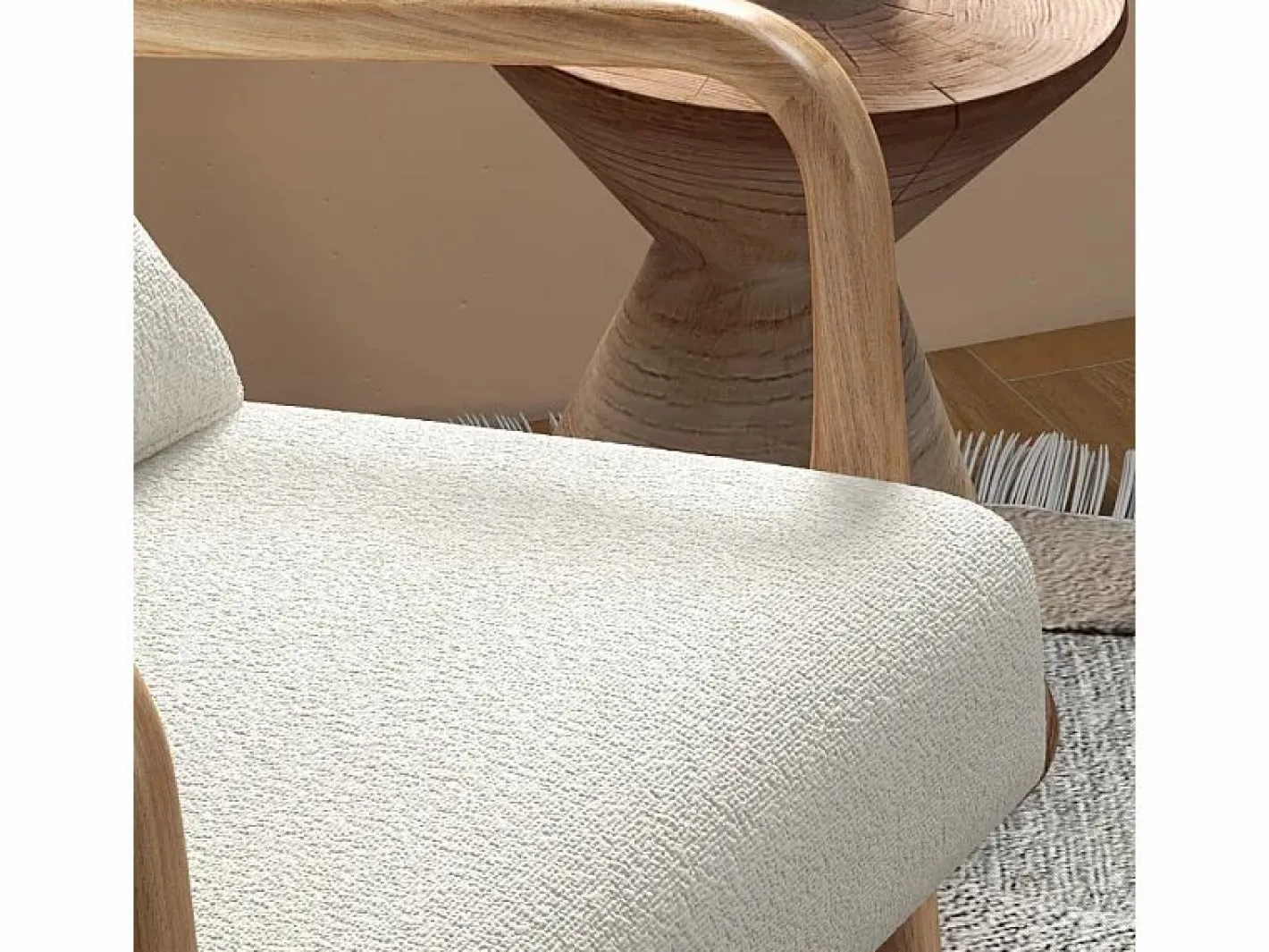 Moloo ZACK-Sillón en tejido Curly Ecru y madera natural Beige New