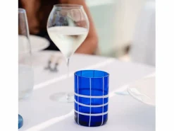 Vaso|Zafferano Twiddle - Juego de 6 vasos de vidrio soplado azul, 35 cl - Vasos artesanales con decoración blanca, aptos para lavavajillas