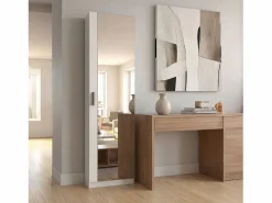 duehome Zapatero alto de 1 puerta con espejo en blanco brillo 180x50 cm Roma Blanco Brillo Gris Online