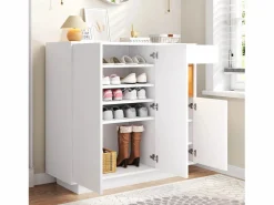 Zapatero con iluminación LED - Zapatero de 3 puertas y 1 cajón - Estantes regulables Blanco Online