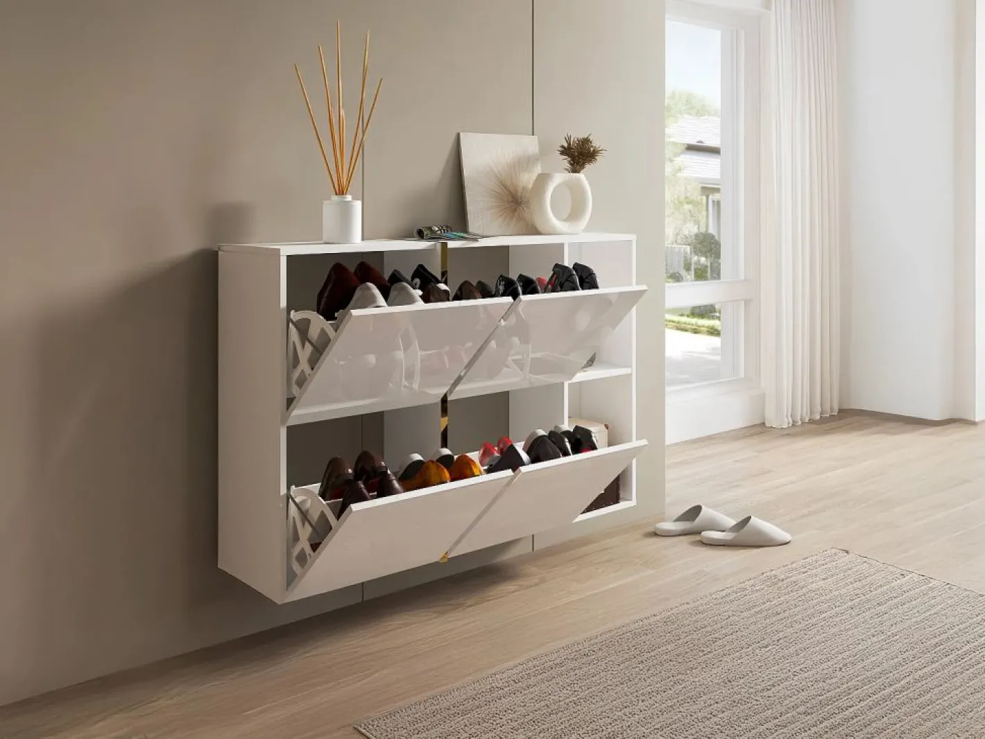 Vente-unique Zapatero|Mueble De Almacenaje|Zapatero con 4 compartimentos abatibles y 2 nichos - Blanco y dorado - MARZIALO