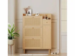 Merax Zapatero|Mueble De Almacenaje|Zapatero con 3 puertas abatibles y 1 cajón, medidas 90 largo x 17 ancho x 125 alto cm imitación madera, efecto caña de ratán, color roble