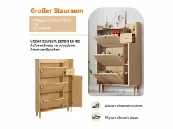 Merax Zapatero|Mueble De Almacenaje|Zapatero con 3 puertas abatibles y 1 cajón, medidas 90 largo x 17 ancho x 125 alto cm imitación madera, efecto caña de ratán, color roble
