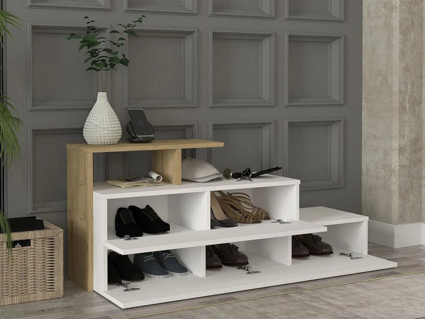 Zapatero con 2 puertas y 1 estante - Blanco y Natural - DAVISTA^Vente-unique Sale
