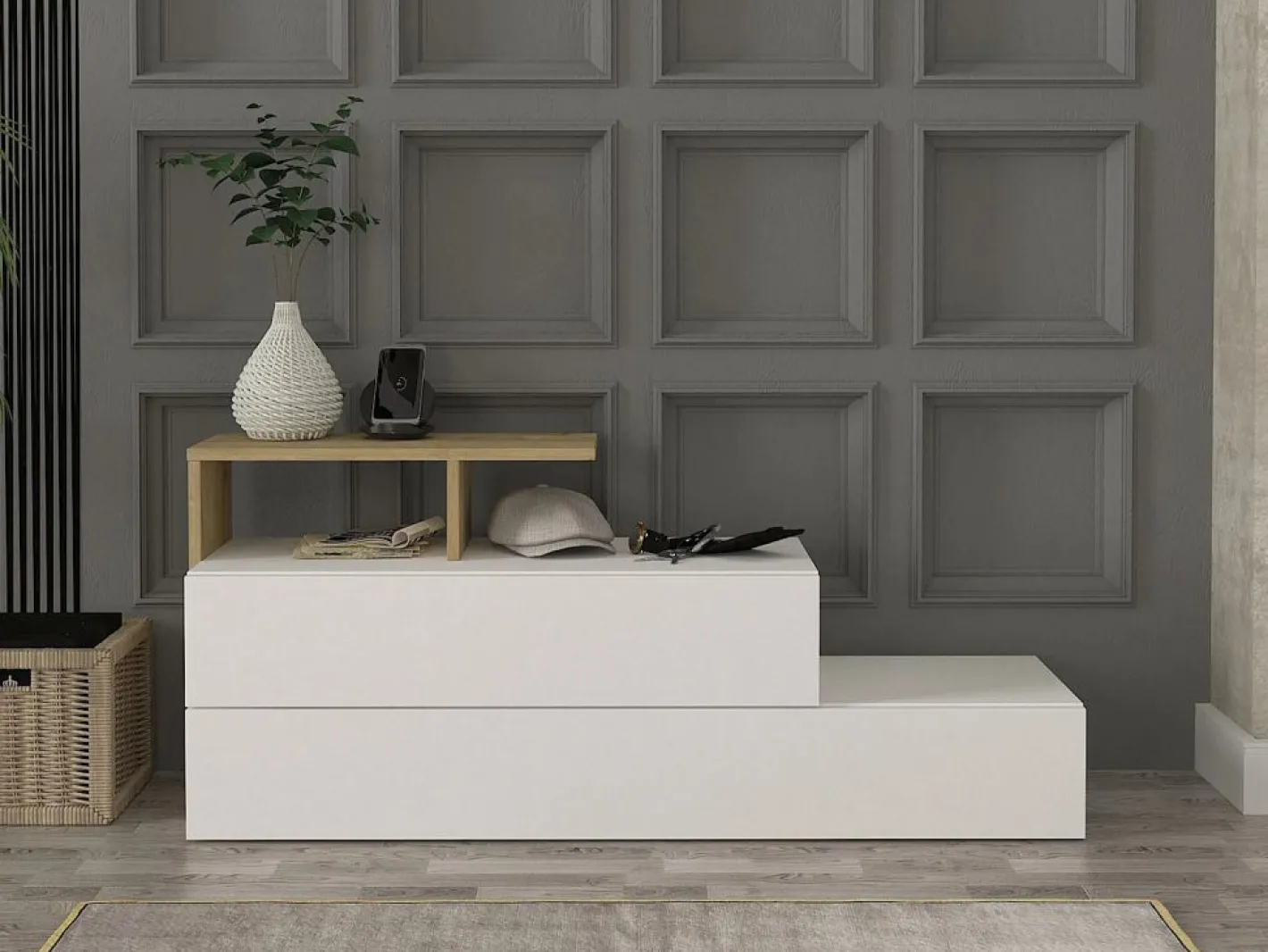 Zapatero con 2 puertas y 1 estante - Blanco y Natural - DAVISTA^Vente-unique Sale