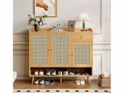 Zapatero|Mueble De Almacenaje|Zapatero de madera con 3 puertas y 1 cajón - Zapatero con tiradores de metal y patas de madera maciza - almacenaje abierto
