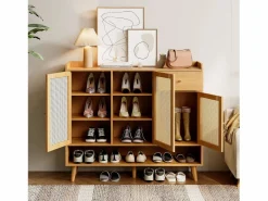 Zapatero|Mueble De Almacenaje|Zapatero de madera con 3 puertas y 1 cajón - Zapatero con tiradores de metal y patas de madera maciza - almacenaje abierto