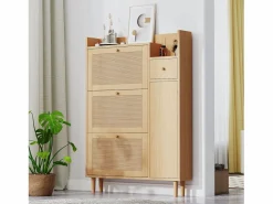 Hauss Spole Zapatero|Mueble De Almacenaje|Zapatero de madera de ratán con 3 puertas y 1 cajón, 90 x 17 x 125 cm Natural