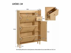 Hauss Spole Zapatero|Mueble De Almacenaje|Zapatero de madera de ratán con 3 puertas y 1 cajón, 90 x 17 x 125 cm Natural
