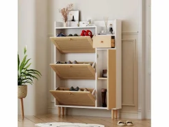 Hauss Spole Zapatero|Mueble De Almacenaje|Zapatero de madera y ratán, 3 puertas y 1 cajón, 90x17x125 cm, color natural + blanco