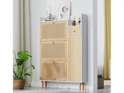 Hauss Spole Zapatero|Mueble De Almacenaje|Zapatero de madera y ratán, 3 puertas y 1 cajón, 90x17x125 cm, color natural + blanco