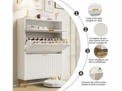 Zapatero moderno con 3 cajones de madera, tiradores dorados, pequeños estriados. Blanco Hot